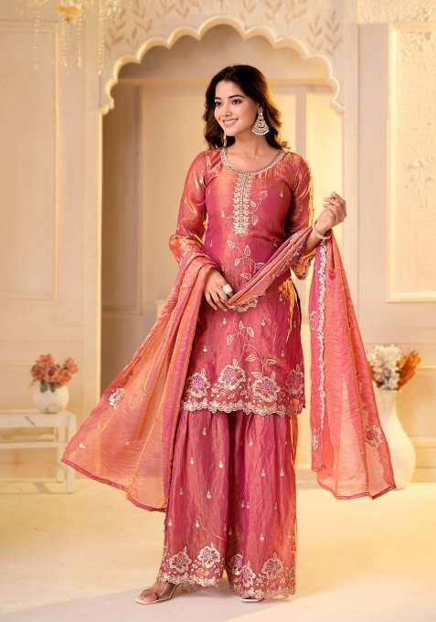 Orange Embroidered Silk Sharara Set
