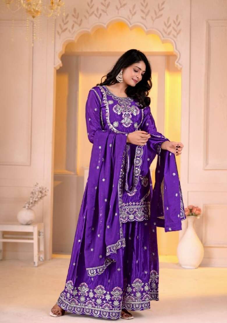 Purple Embroidered Chinon Sharara Set - Indya