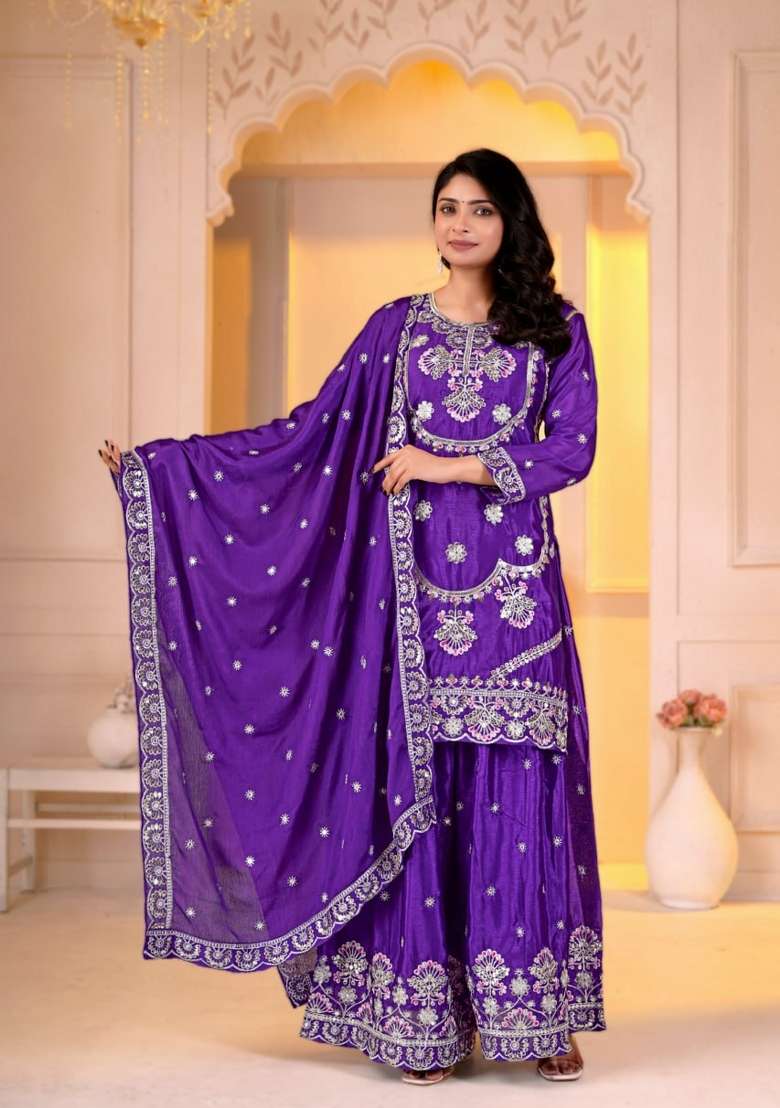 Purple Embroidered Chinon Sharara Set - Indya