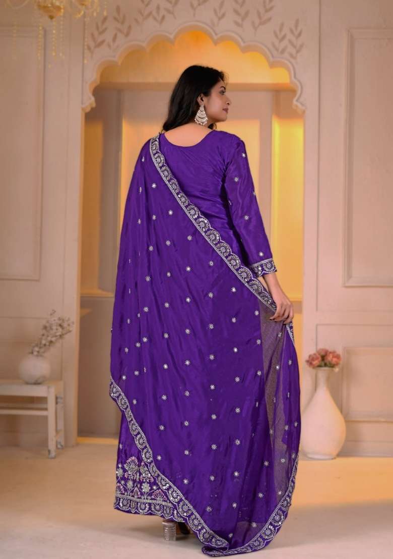 Purple Embroidered Chinon Sharara Set - Indya