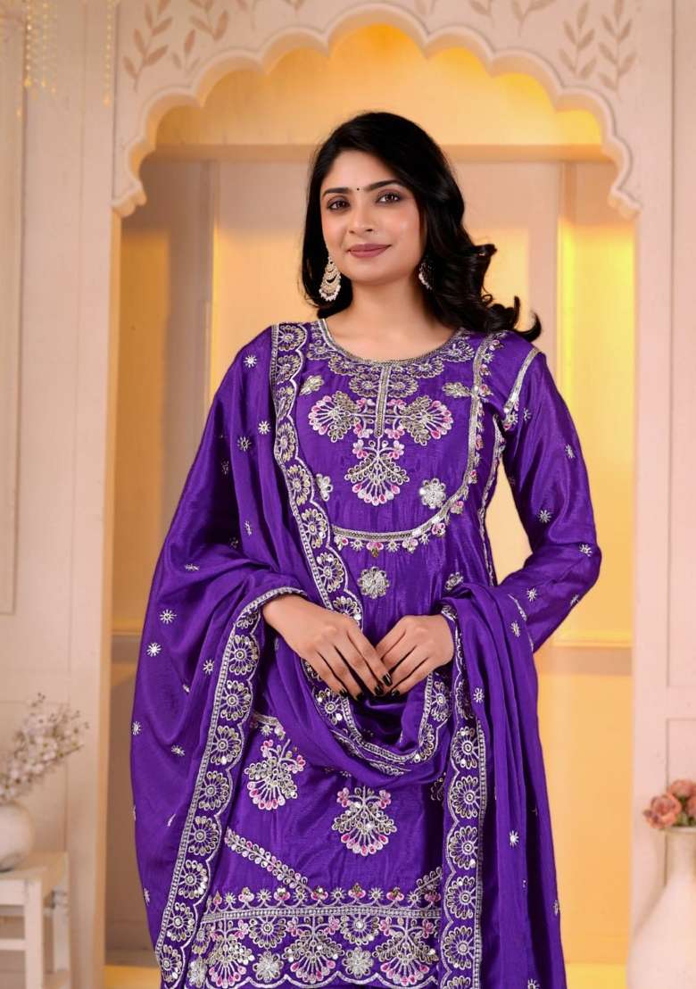 Purple Embroidered Chinon Sharara Set - Indya