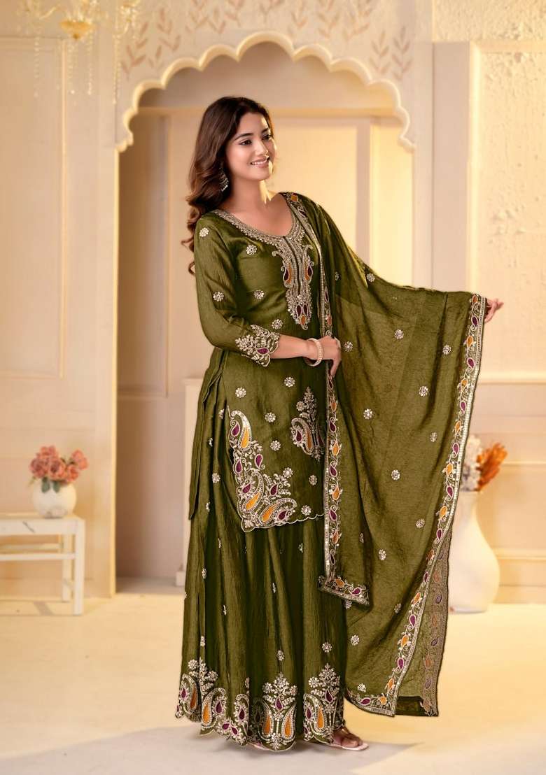 Mehendi Embroidered Rangoli Sharara Set - Indya