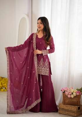 Burgundy Embroidered Silk Sharara Set