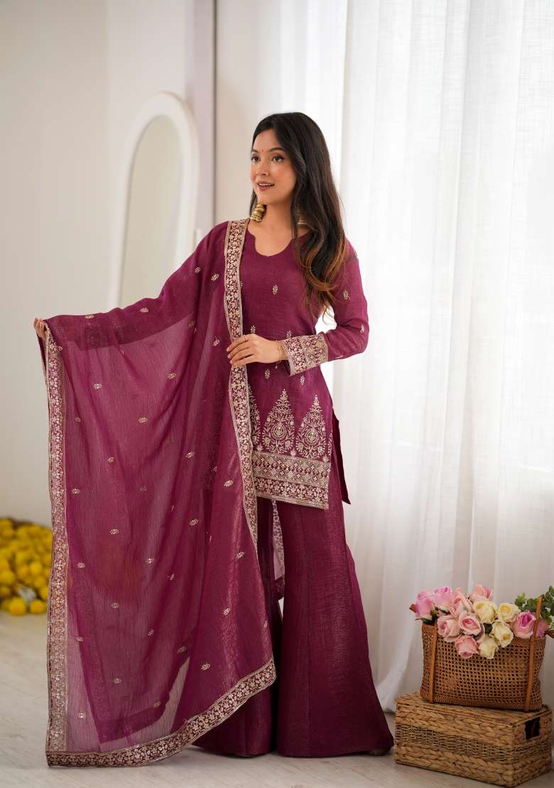 Burgundy Embroidered Silk Sharara Set - Indya