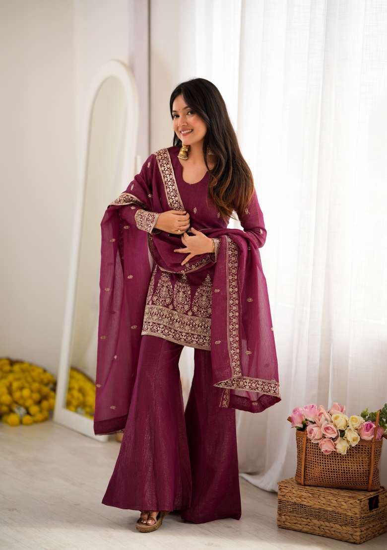 Burgundy Embroidered Silk Sharara Set - Indya
