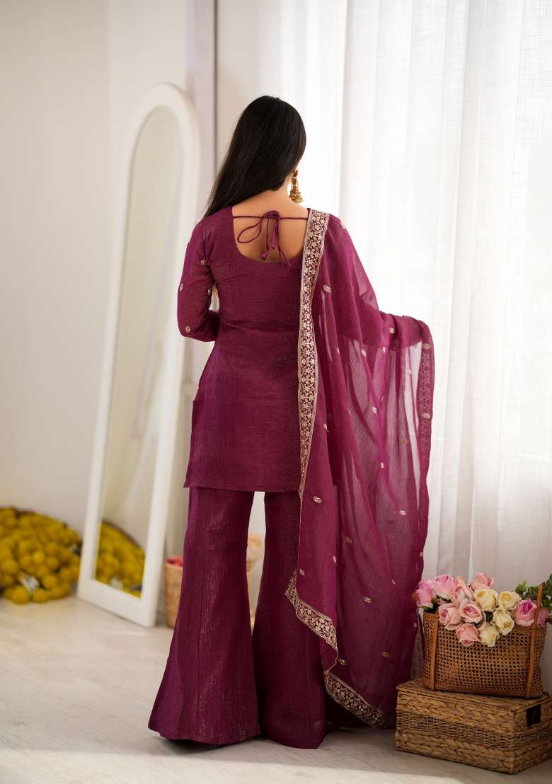 Burgundy Embroidered Silk Sharara Set - Indya