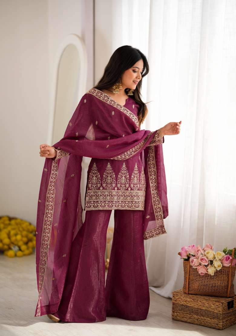 Burgundy Embroidered Silk Sharara Set - Indya