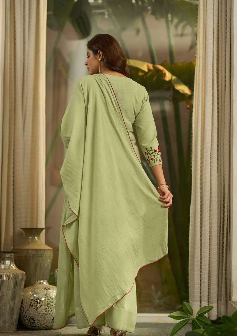 Green Embroidered Cotton Sharara Set - Indya