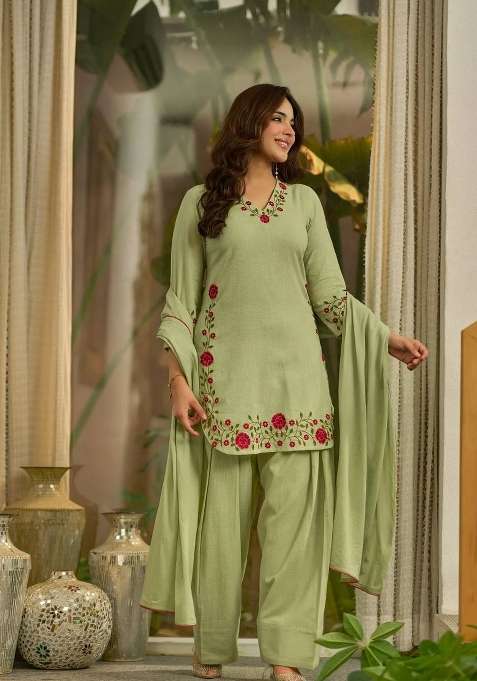 Green Embroidered Cotton Sharara Set
