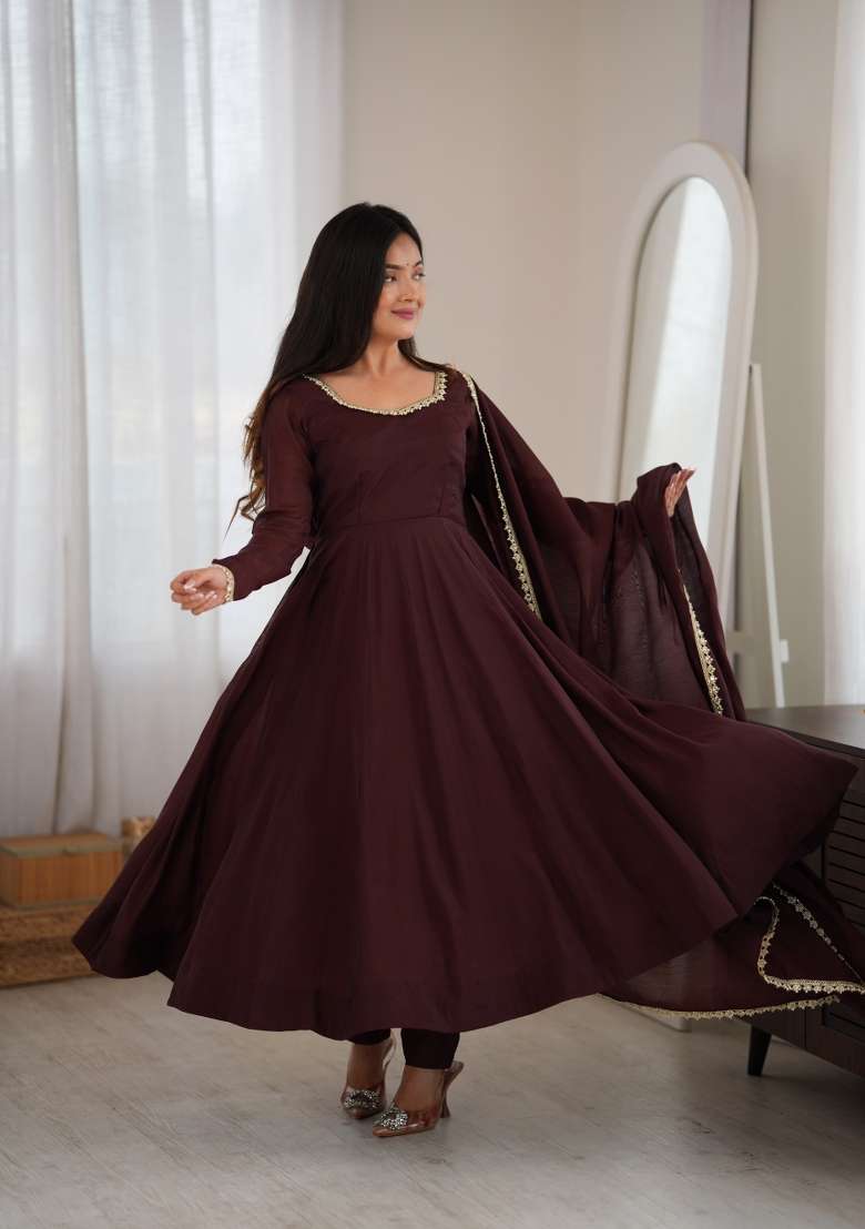 Brown Embroidered Chanderi Sharara Set - Indya