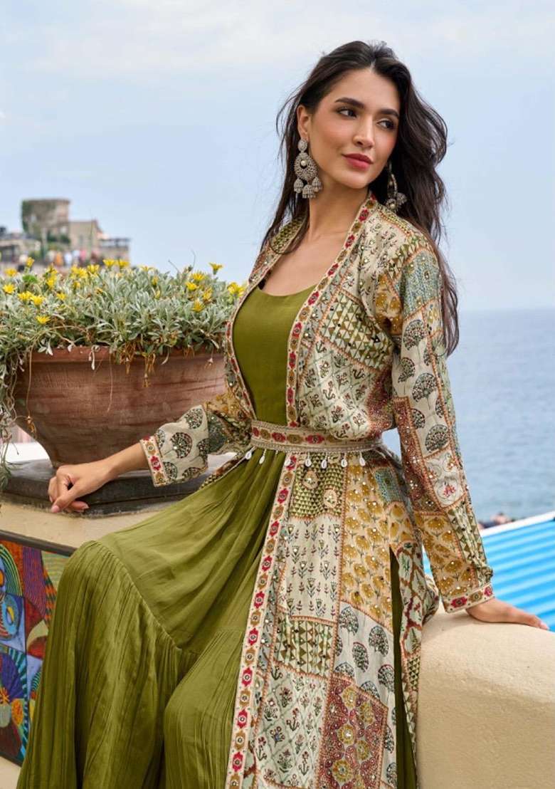 Olive Embroidered Silk Anarkali Set - Indya