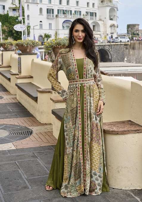Olive Embroidered Silk Anarkali Set