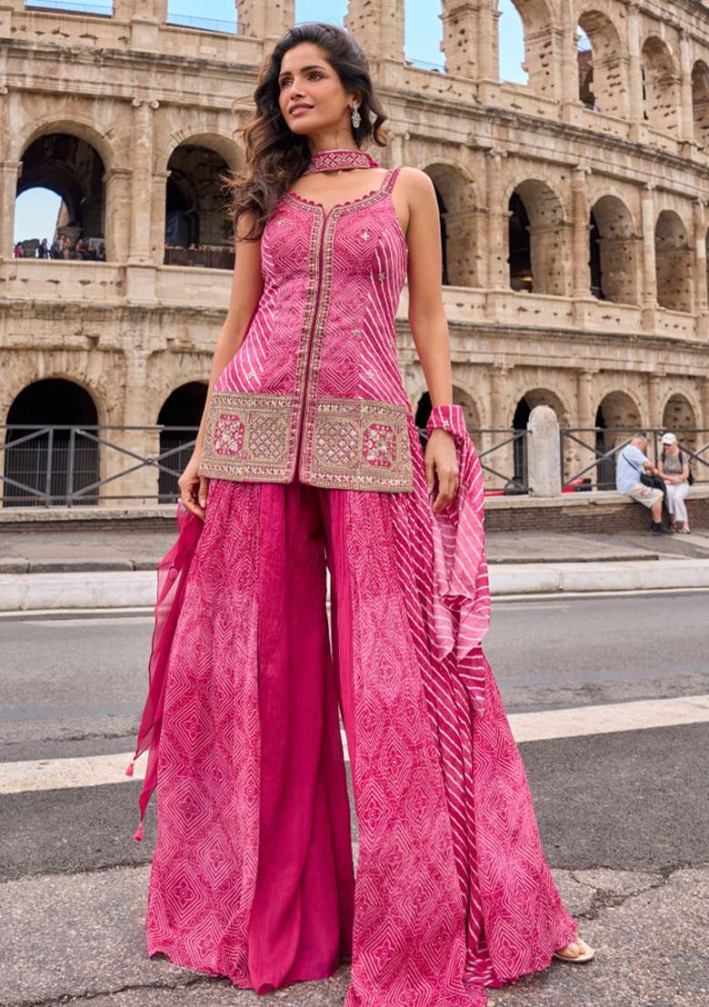 Rani Pink Chevron Chinon Kurta Set - Indya