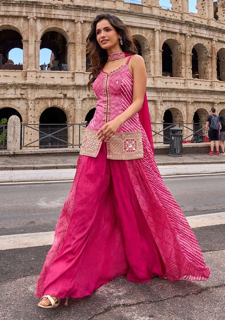 Rani Pink Chevron Chinon Kurta Set - Indya