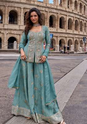 Pastel Slate Blue Embroidered Chinon Kurta Set