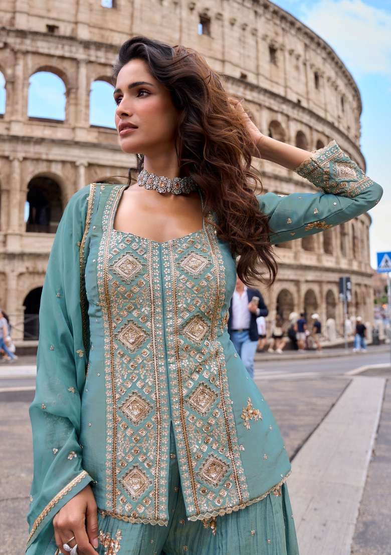 Pastel Slate Blue Embroidered Chinon Kurta Set - Indya