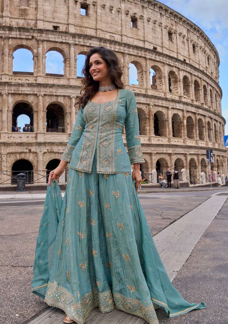Pastel Slate Blue Embroidered Chinon Kurta Set - Indya