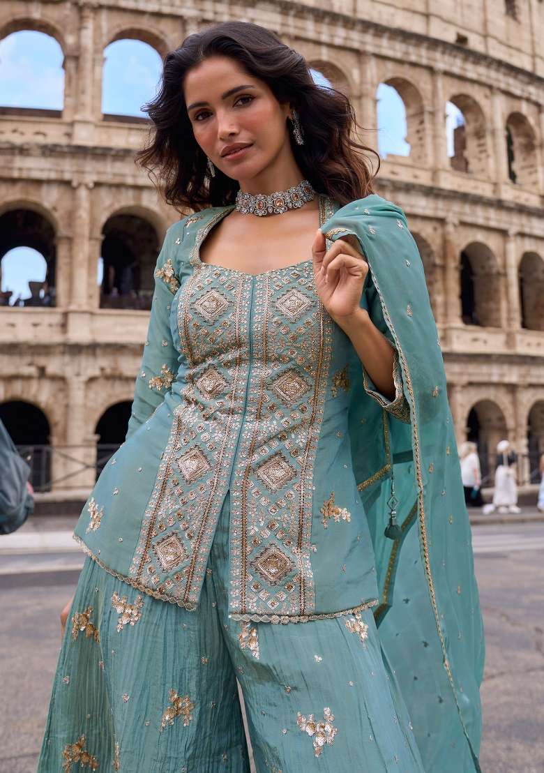 Pastel Slate Blue Embroidered Chinon Kurta Set - Indya