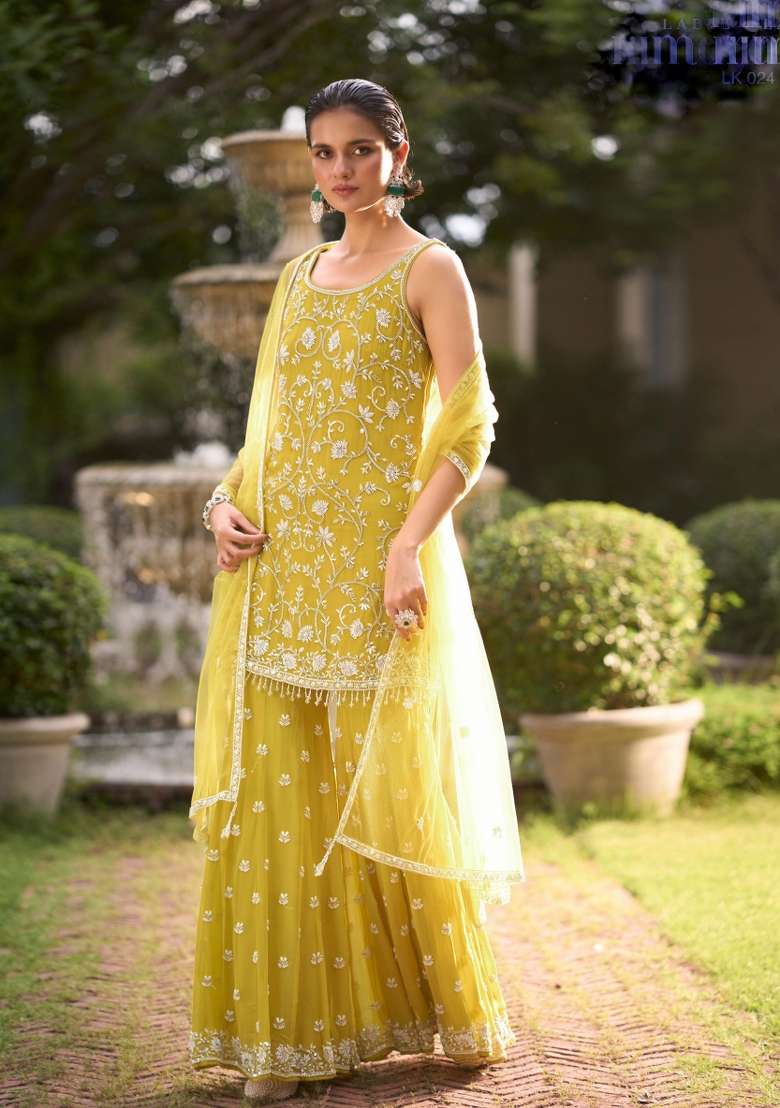 Yellow Embroidered Georgette Kurta Set - Indya