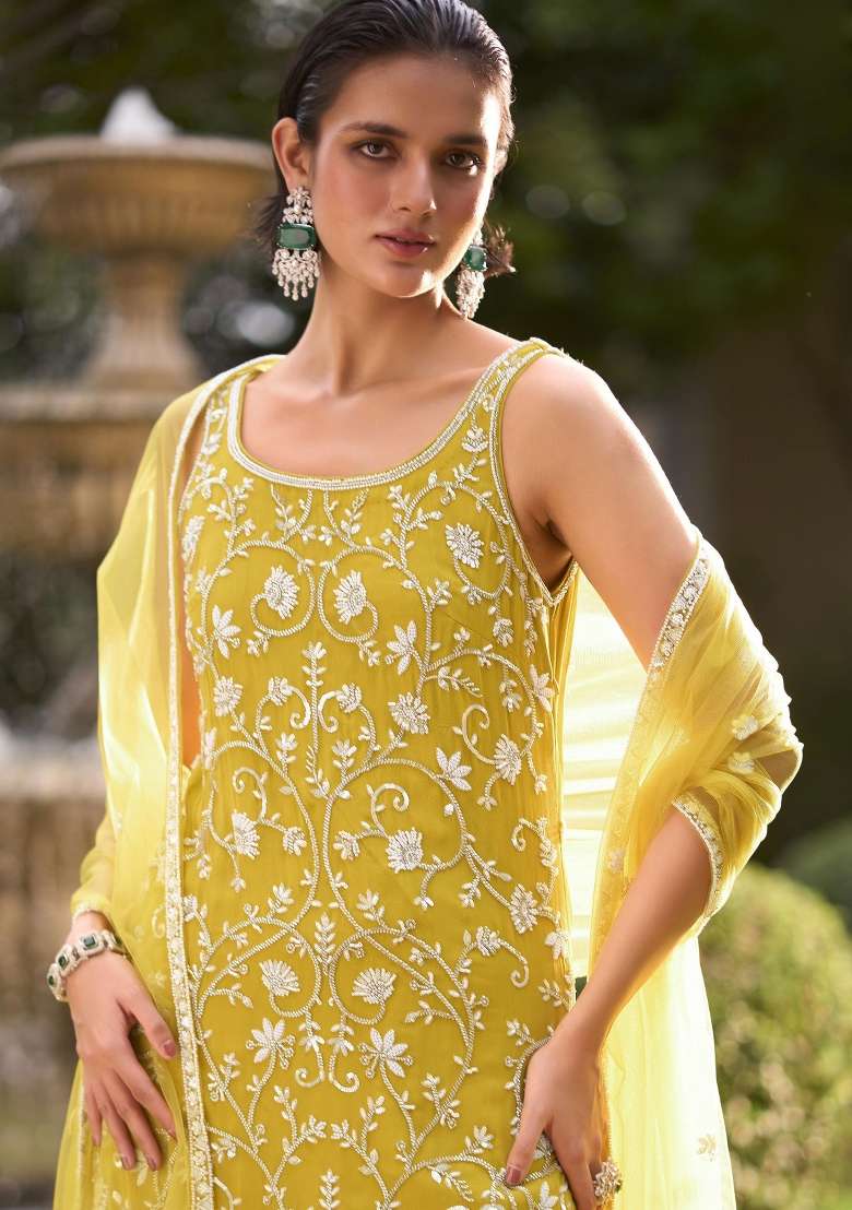 Yellow Embroidered Georgette Kurta Set - Indya