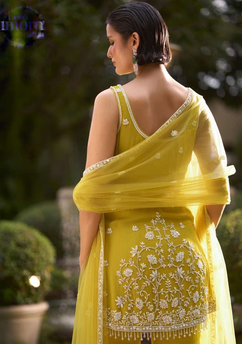 Yellow Embroidered Georgette Kurta Set - Indya