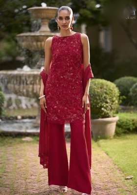 Red Embroidered Georgette Kurta Set