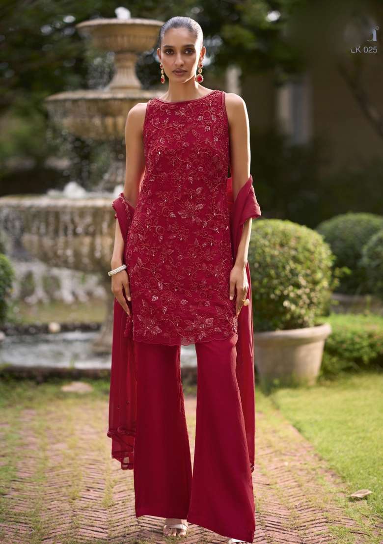 Red Embroidered Georgette Kurta Set - Indya