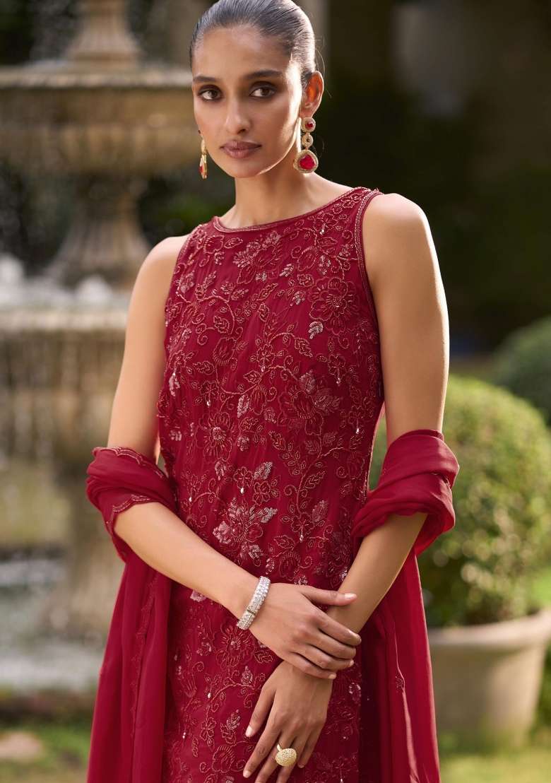 Red Embroidered Georgette Kurta Set - Indya