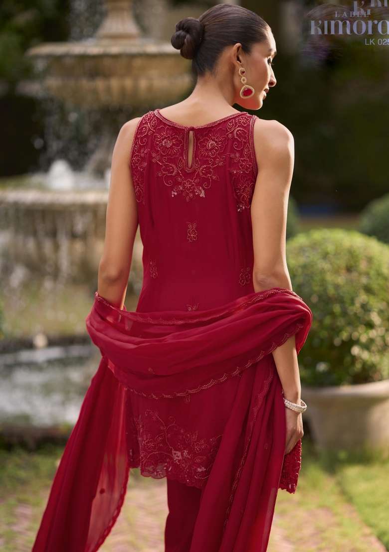 Red Embroidered Georgette Kurta Set - Indya