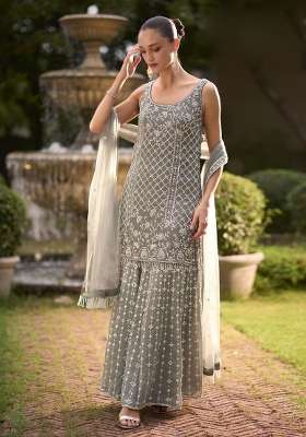 Grey Embroidered Chinon Kurta Set