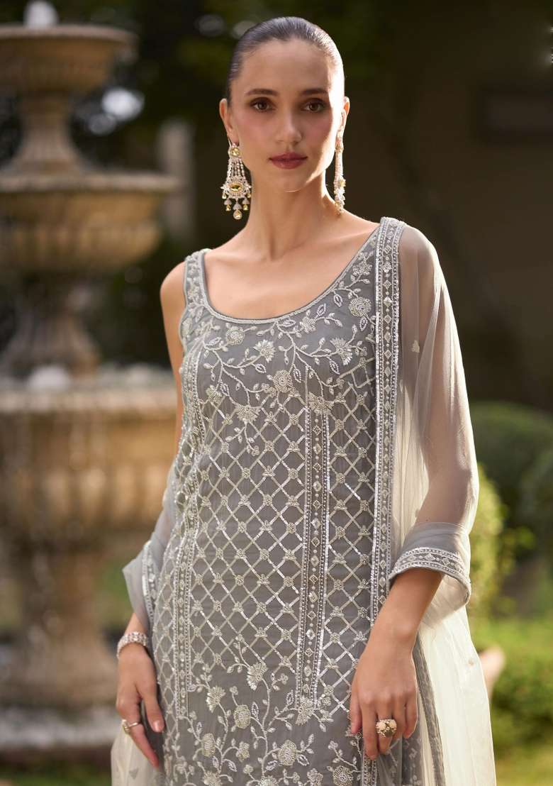 Grey Embroidered Chinon Kurta Set - Indya