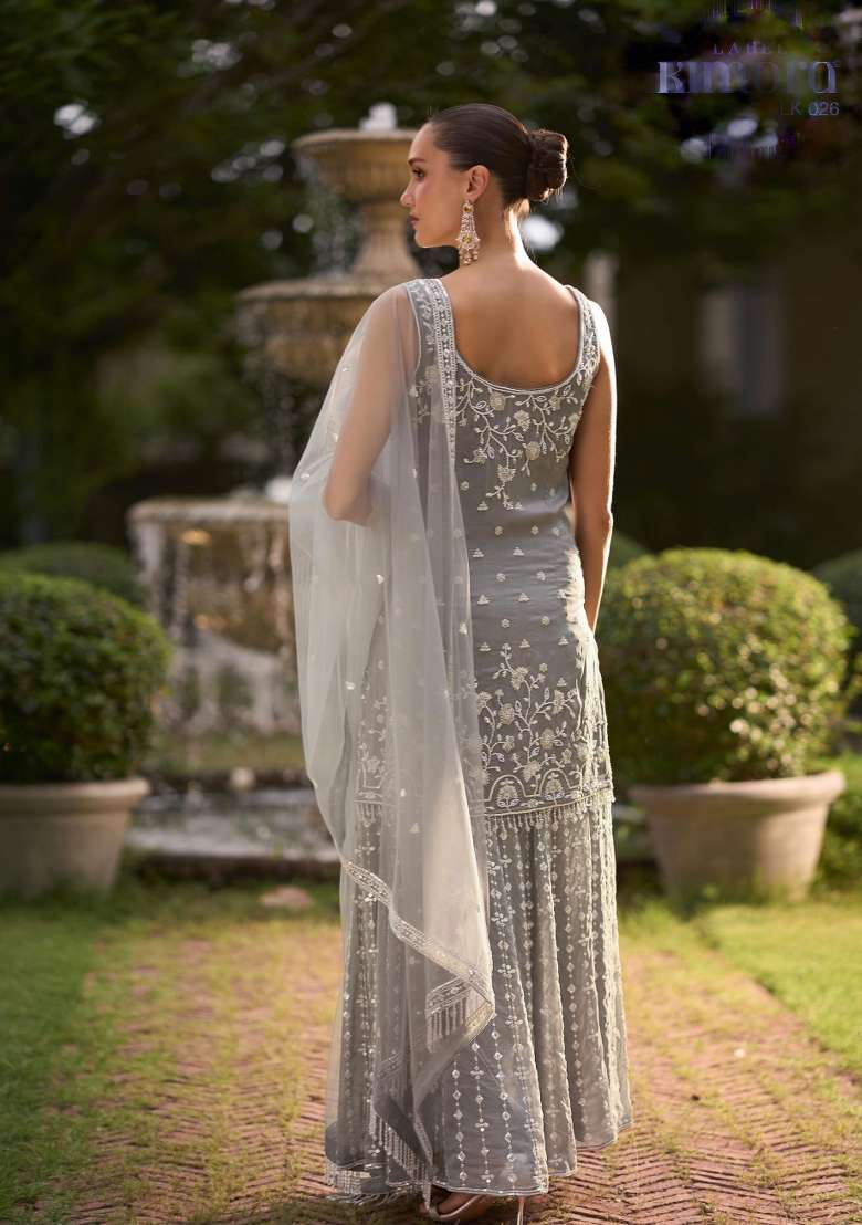 Grey Embroidered Chinon Kurta Set - Indya