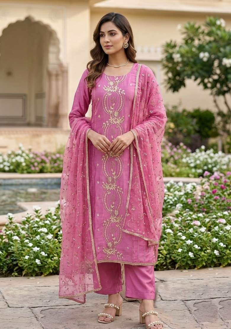 Radiant Pink Embroidered Chanderi Kurta Set - Indya