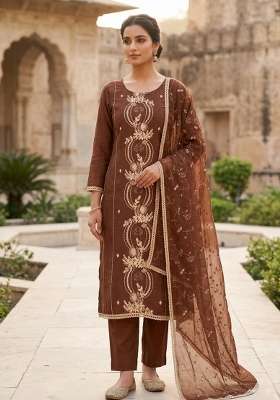 Deep Coffee Brown Embroidered Chanderi Kurta Set