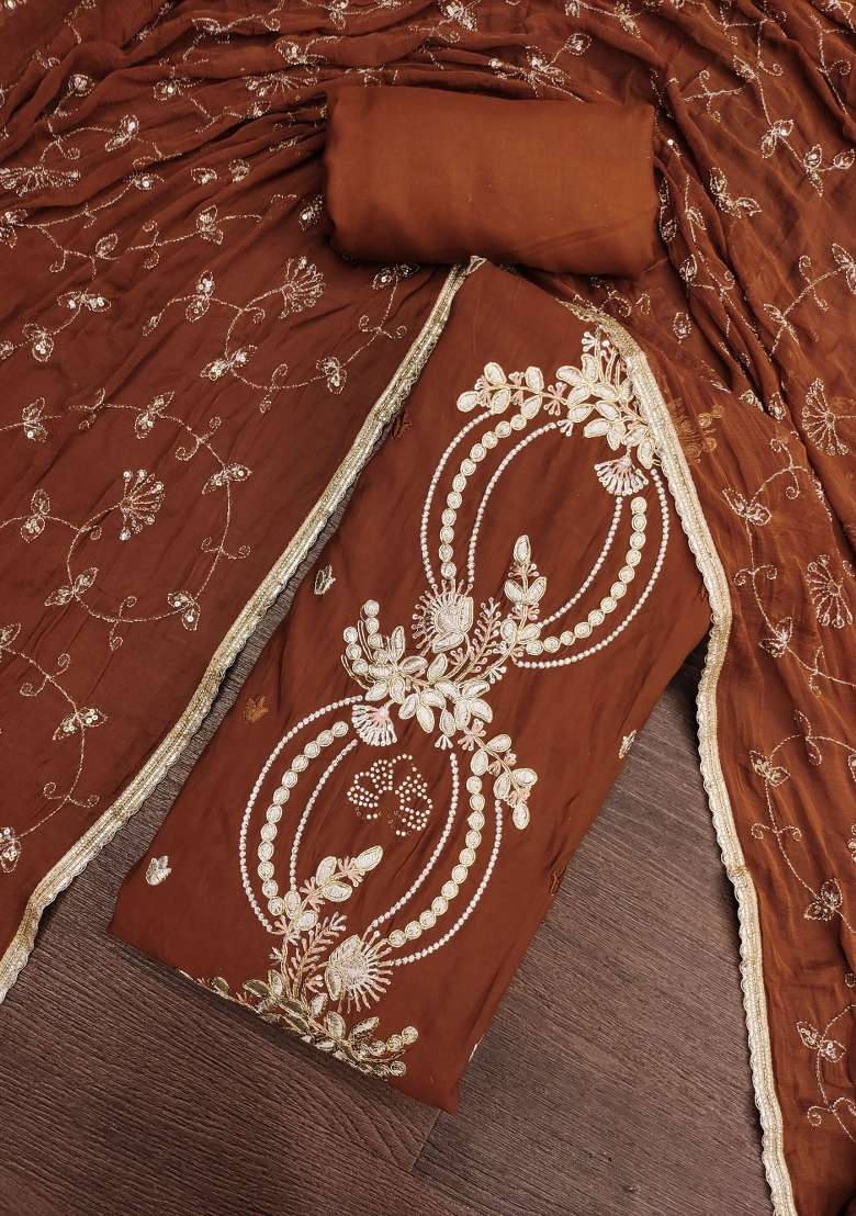 Deep Coffee Brown Embroidered Chanderi Kurta Set - Indya