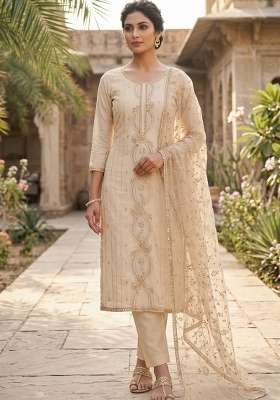 Elegant Cream And Ivory Embroidered Chanderi Kurta Set