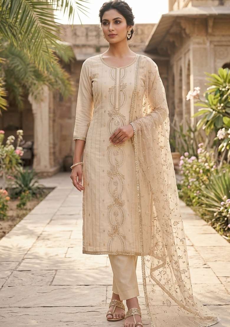 Elegant Cream And Ivory Embroidered Chanderi Kurta Set - Indya