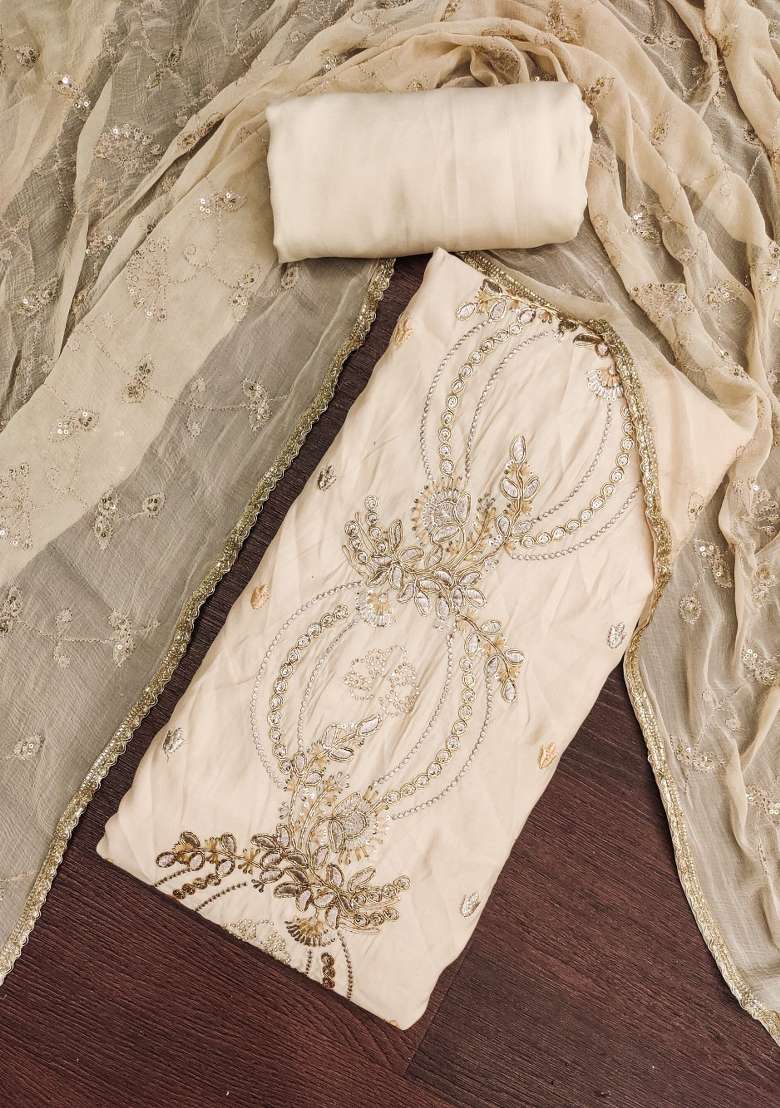Elegant Cream And Ivory Embroidered Chanderi Kurta Set - Indya