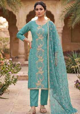 Pastel Rama And Teal Blue Embroidered Chanderi Kurta Set
