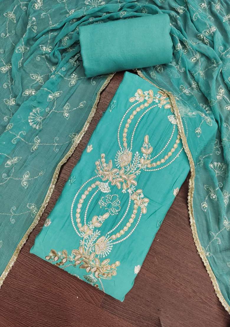 Pastel Rama And Teal Blue Embroidered Chanderi Kurta Set - Indya