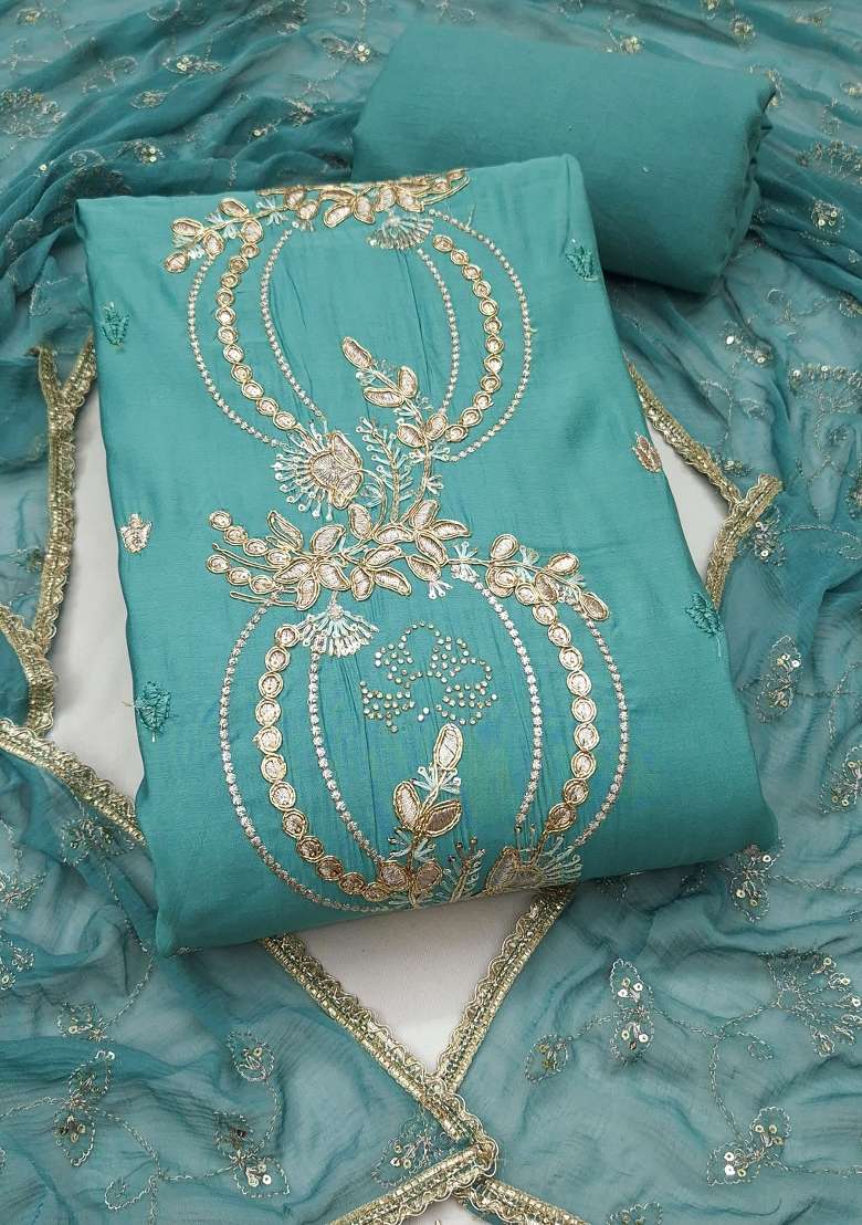 Pastel Rama And Teal Blue Embroidered Chanderi Kurta Set - Indya