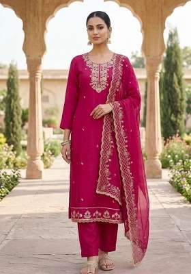 Magenta And Dark Pink Embroidered Chanderi Kurta Set