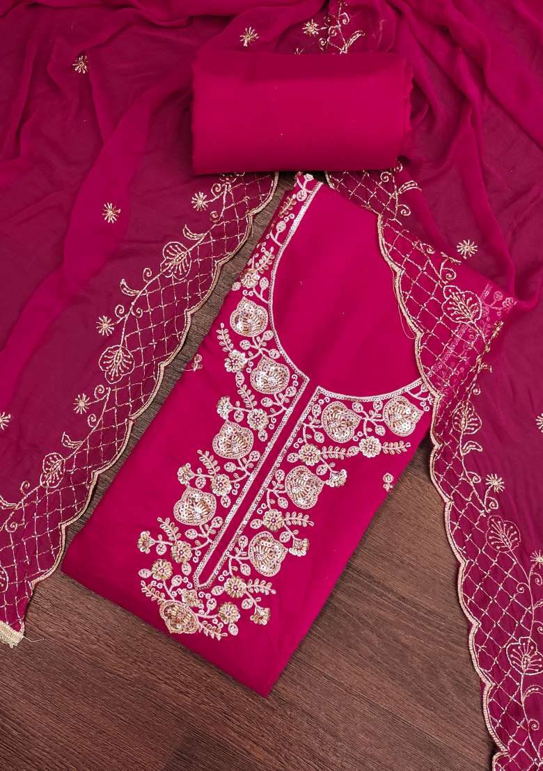 Magenta And Dark Pink Embroidered Chanderi Kurta Set - Indya