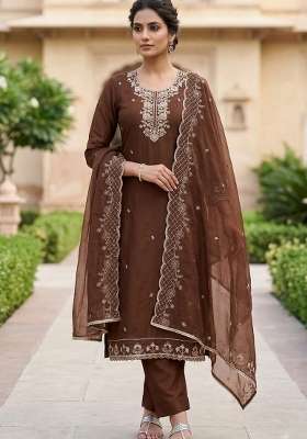 Chocolate Brown Embroidered Chanderi Kurta Set