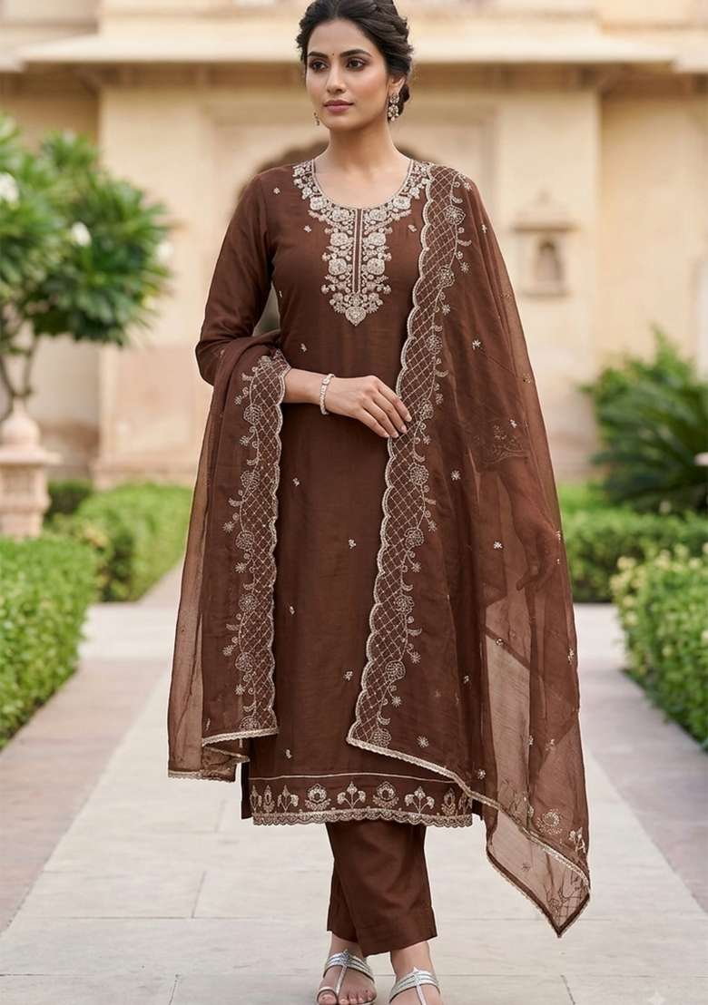 Chocolate Brown Embroidered Chanderi Kurta Set - Indya