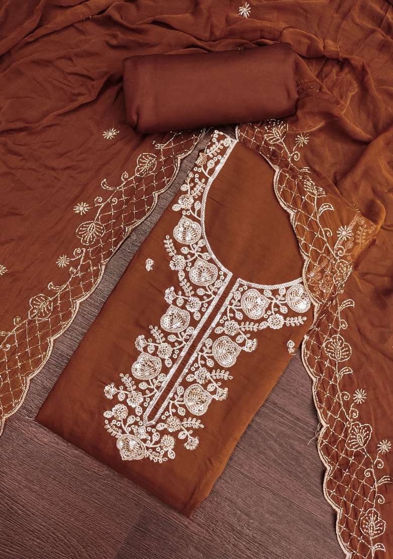 Chocolate Brown Embroidered Chanderi Kurta Set - Indya