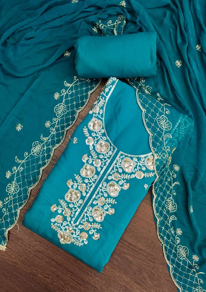 Dark Teal And Ocean Green Embroidered Chanderi Kurta Set - Indya