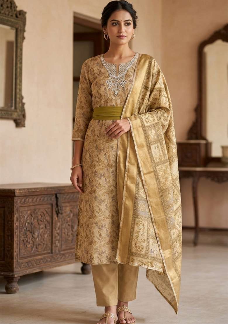 Golden Embroidered Cotton Kurta Set - Indya