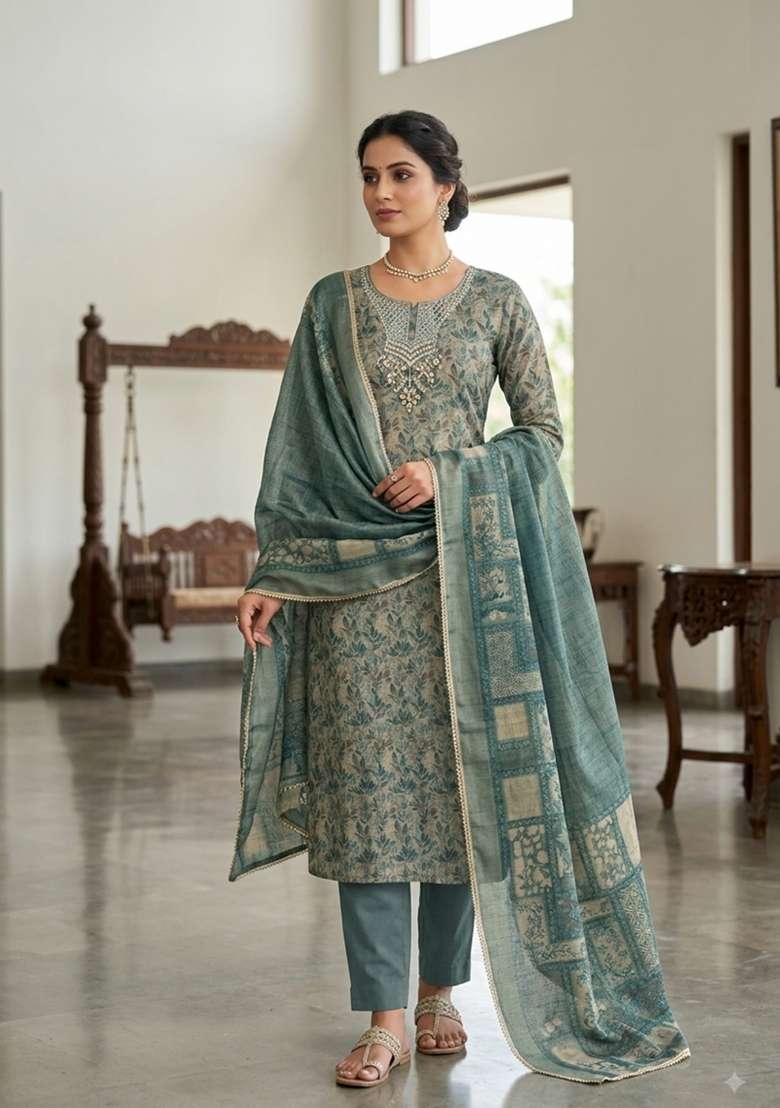Slate Grey Embroidered Cotton Kurta Set - Indya