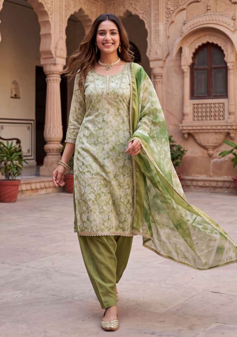 Green Embroidered Cotton Kurta Set - Indya